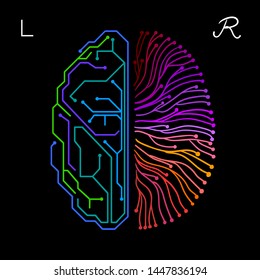 Brain - Left and Right - Creativity and Rationality- colorful hand drawn illustration on a black background