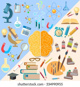 Brain left and right hemisphere power mind art and creativity analyst and thinking education vector concept  