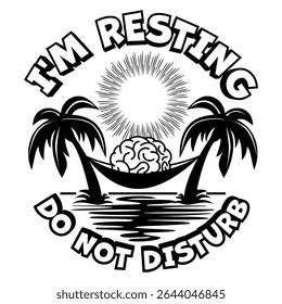 Brain lies in hammock between palm trees near the sea under the sun. Warning sign I am resting do not disturb. Vector on transparent background
