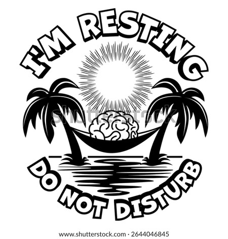 Brain lies in hammock between palm trees near the sea under the sun. Warning sign I am resting do not disturb. Vector on transparent background