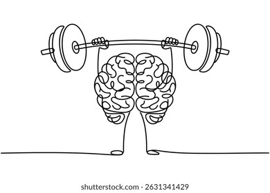  Brain Levantando Barbell Conceito Linha Arte Vetor 