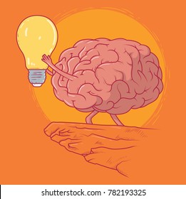 Brain lifting Lightbulb in a mountain vector illustration. Praise Innovation, creation, ideas design concept