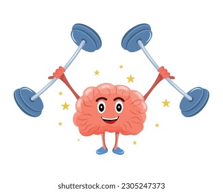 The brain lifts the barbell. Brain training. treadmill. Education and knowledge. Vector stock illustration. isolated. Character. Cartoon. Force.