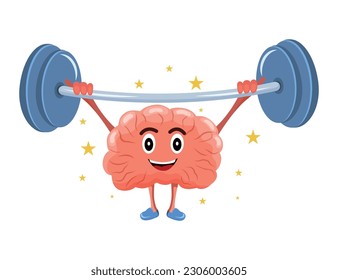 The brain lifts the barbell. Brain training. treadmill. Education and knowledge. Vector stock illustration. isolated. Character. Cartoon. Force. Intelligent