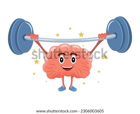 The brain lifts the barbell. Brain training. treadmill. Education and knowledge. Vector stock illustration. isolated. Character. Cartoon. Force. Intelligent