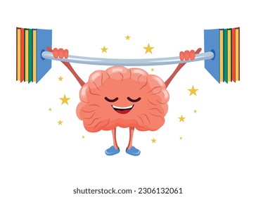 The brain lifts the books Brain training. treadmill. Education and knowledge. Vector stock illustration. isolated. Character.Force. Intelligent