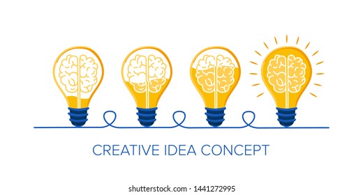 Brain in light bulb. Business success concept. New, creative or innovation idea. How a new thought appears. Vector flat illustration.