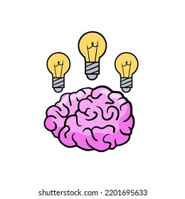 Cerebro con bombilla. Concepto de pensamiento y nueva idea. Inspiración y educación, resolución de problemas. Ilustración dibujada a mano