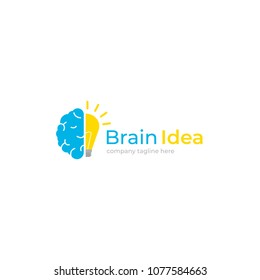 Brain with light bulb creative logo. Logotype concept. Education and human mind. Vector flat illustration
