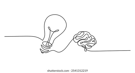 Cérebro e lâmpada representados juntos em um desenho contínuo de uma linha. Conceito de ideias criativas. Ilustração de vetor minimalista desenhada à mão.