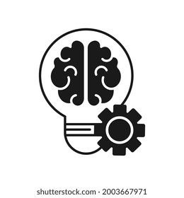 Brain in light bulb with gear black symbol. Creative idea. Flat Design