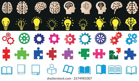 brain, light bulb, gear, puzzle, book vector icon set for creativity, learning, problem solving, education, knowledge, innovation, study, and development. colorful brain, bulb, gear, puzzle, book 