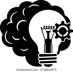 Brain with light bulb and gear symbol for idea generation. Black silhouette brain with light bulb and gear on transparent background. Vector illustration for education.