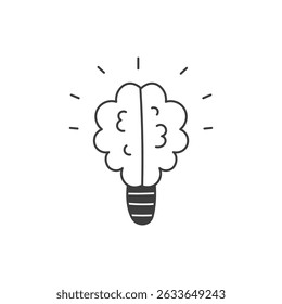 Brain Light Bulb Icon. Glowing Creativity Inspiration brainstorming Symbol in line doodle style. Outline vector illustration