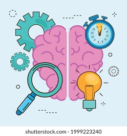 Cerebro con bombilla y conjunto de iconos
