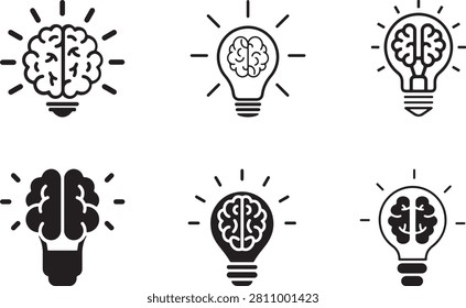Brain in light bulb icon set. Creative intelligence and idea icon set with brain inside light bulb. Creative, generating idea, solution , knowledge, lamp vector. Idea and creativity icon collection.
