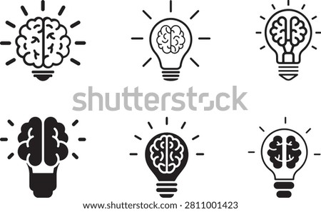 Brain in light bulb icon set. Creative intelligence and idea icon set with brain inside light bulb. Creative, generating idea, solution , knowledge, lamp vector. Idea and creativity icon collection.