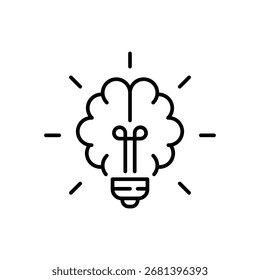 Icono de la bombilla del cerebro. Estilo de contorno simple. Conocimiento, bombilla, pensar, tecnología, poder, lámpara, idea, brillante, creativo, concepto de innovación. Símbolo de línea delgada. Diseño aislado.
