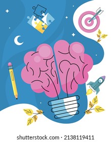 brain with light bulb and icons