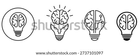 Brain and Light Bulb Idea Icons. Creative Thinking and Innovation Outline Symbol Set.