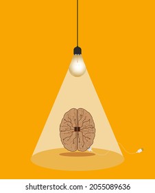 Brain and light bulb logo vector illustration isolated on yellow background. 