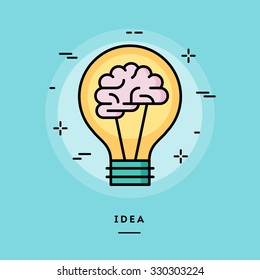 Brain in the light bulb as a metaphor for idea, line flat design banner, vector illustration 