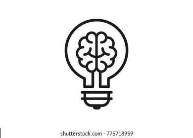 Brain in the light bulb as a metaphor for idea, line flat design banner, vector illustration
