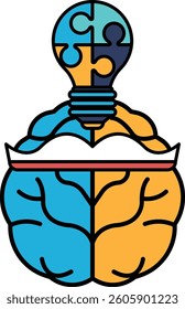 A brain with a light bulb on top of it. The light bulb is surrounded by a puzzle piece
