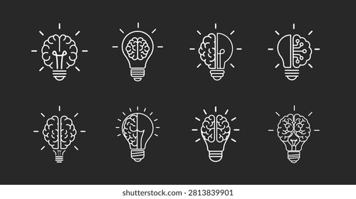 Brain in light bulb outline icon set with editable line vector illustrations