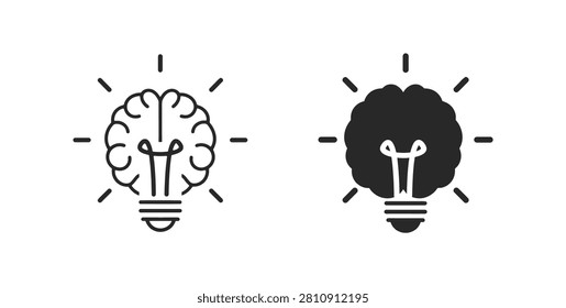 Brain in light bulb outline and solid icon set with editable vector illustrations
