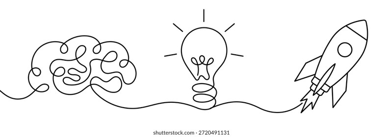 Cerebro, Bombilla y Cohete Mostrando el Proceso de Desarrollo de Ideas, Pensamiento Creativo, Camino de Innovación, Concepto de Crecimiento de Startups, Estrategia de Negocios y Motivación en Estilo Lineal Mínimo