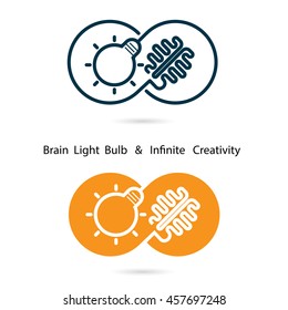 Brain and light bulb sign and infinite creativity logo elements design.Infinity sign.Business and education creative logotype symbol.Vector illustration