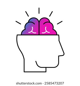 Brain and light icon. Receptivity to new ideas, flexibility, adaptability, creativity, growth, acceptance of perspectives. Vector illustration.