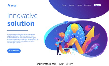 Brain, lightbulb and business team solving problem. Innovative solution, problem-solving and crisis management concept on white background. Website vibrant violet landing web page template.