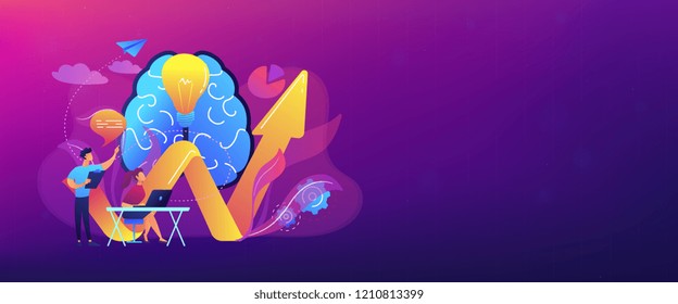 Brain, lightbulb and business team solving problem. Innovative solution, problem-solving and crisis management concept on white background. Header or footer banner template with copy space.