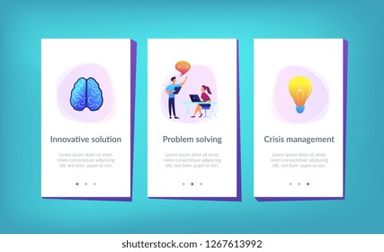 Brain, lightbulb and business team solving problem. Innovative solution, problem-solving and crisis management concept on white background. Mobile UI UX GUI template, app interface wireframe