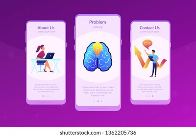 Cérebro, lâmpada e equipe de negócios resolvendo problema. Solução inovadora, solução de problemas e gestão de crises conceito em fundo branco. Modelo de interface de usuário móvel UX, wireframe da interface de aplicativo