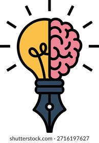Cerebro y bombilla combinada con plumín aislado sobre fondo transparente. Simbolizando nuevas ideas, escritura creativa, innovación e ilustración de inteligencia.