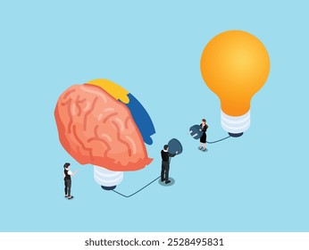 Conexión del cerebro y la bombilla con las ideas de enchufe de Personas – Ilustración vectorial isométrica conceptual en 3D