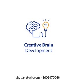 Brain and light-bulb, creativity development, smart solution, design thinking, innovative ideas, vector line icon