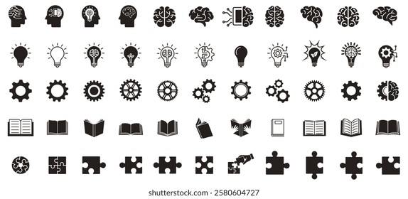 brain, lightbulb, gear, book, puzzle icon set, containing brain innovation, lightbulb innovation, book education, puzzle problem solving, vector illustration