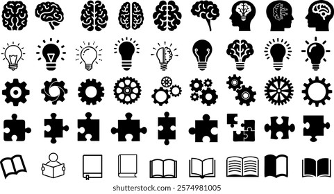 brain, lightbulb, gear, puzzle and book icon set, Icons of brains, lightbulb, gear, puzzle, books vector for education, thinking, innovation, knowledge, and problem solving designs