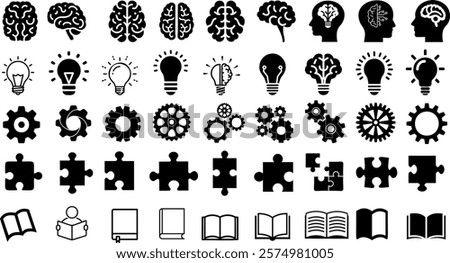 brain, lightbulb, gear, puzzle and book icon set, Icons of brains, lightbulb, gear, puzzle, books vector for education, thinking, innovation, knowledge, and problem solving designs