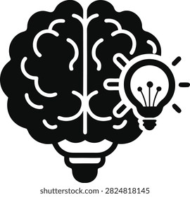 Brain lightbulb icon representing a creative idea. Black silhouette brainpower mind with a light bulb base and smaller glowing lamp vector illustration.