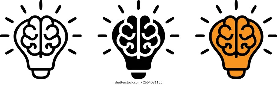 Icono de la bombilla del cerebro Idea Innovación Vector Creativo Negro Blanco Naranja
