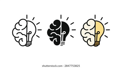 Brain and lightbulb icon set representing creativity, ideas, intelligence, and problemsolving, isolated on white background