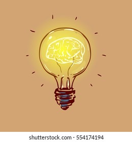 brain in a lightbulb, idea concept, sketch style, color vector illustration