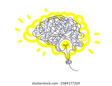 Brain and lightbulb. Line continuous sign of innovation, solution, education symbol, energy logo. Artificial intelligence on recharge. Vector sketch illustration. Editable stroke