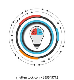 brain in lightbulb with modern circle infographic, isolated on white background