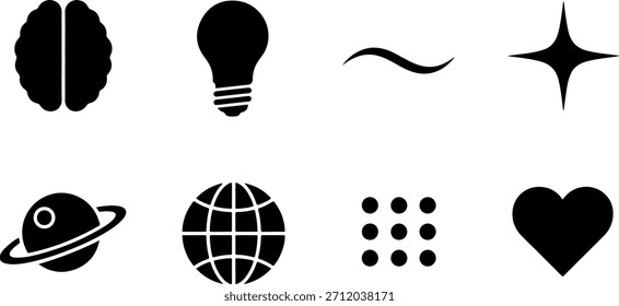 Brain Lightbulb Planet Globe Heart and Star Black Silhouette Flat Icons